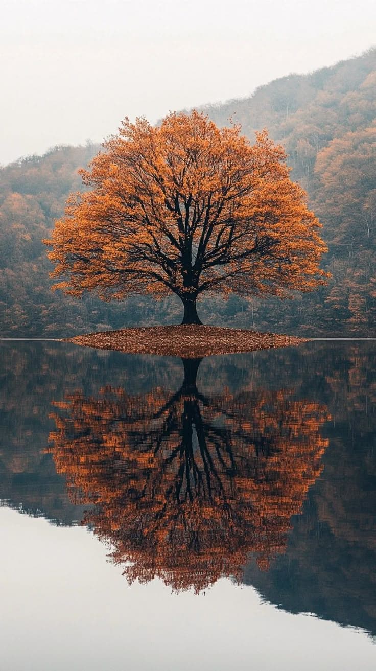 Arbol de flores amarillas y su reflejo